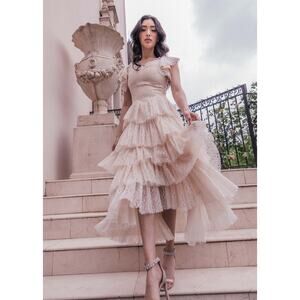 JessaKae Pink Elegant Dainty Delicate Coquette Giupure Lace Mia Midi Dress